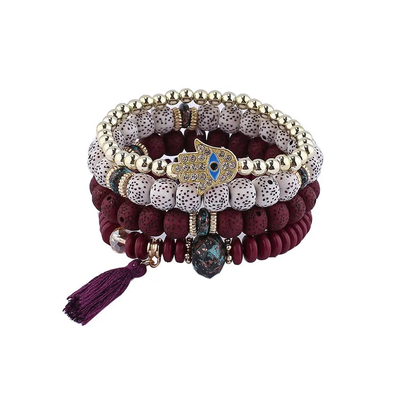 Bracelet Bohème Main Bouddha Turquoise Pompons – Ethnique Spirituel Vintage