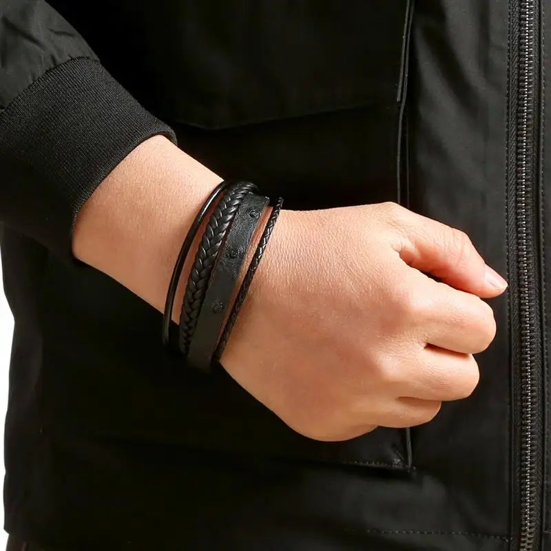 Bracelet Cuir Tressé Multicouche Punk – Boucle Magnétique Croix Homme