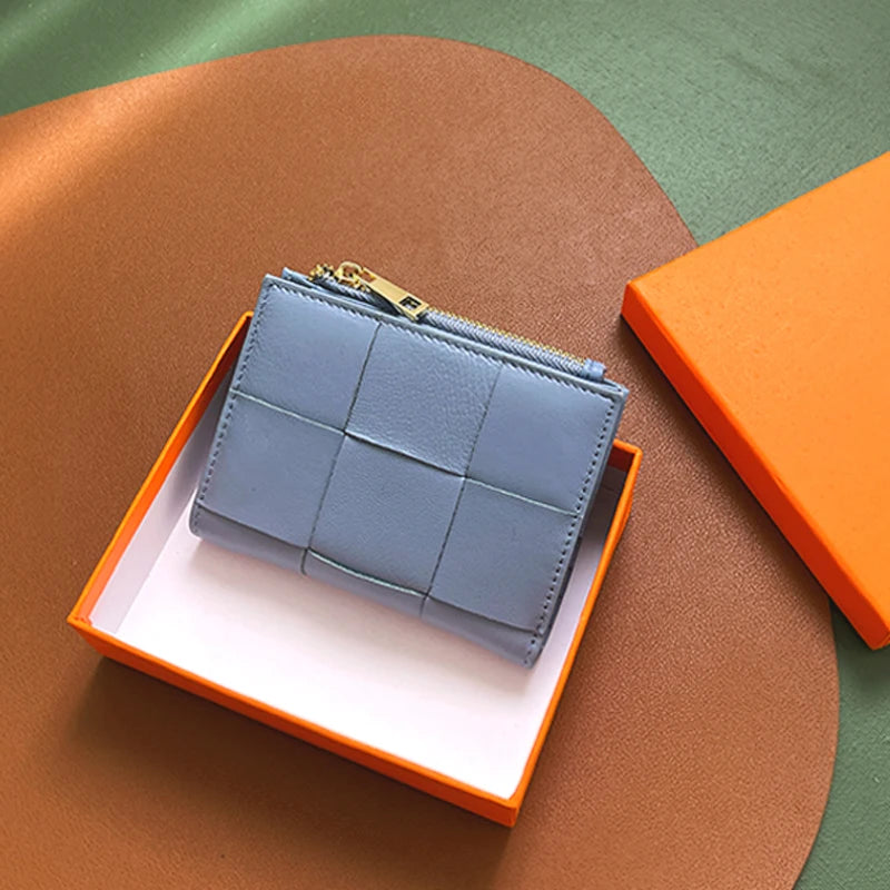 Portefeuille Femme Cuir Tressé - Porte-Monnaie Bifold Multi-Cartes Compact