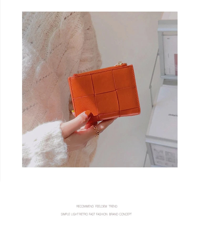 Portefeuille Femme Cuir Tressé - Porte-Monnaie Bifold Multi-Cartes Compact