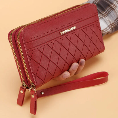 Portefeuille Femme Cuir PU Pompon - Porte-Monnaie Double Fermeture Éclair