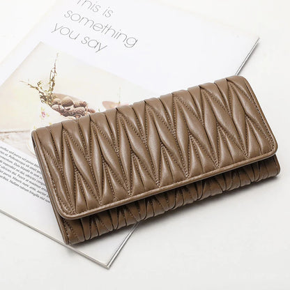 Portefeuille Femme Long Plissé Cuir Véritable - Pochette Zip Fermoir Multifonction