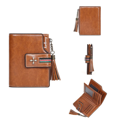 Portefeuille Femme Cuir Ciré Glands - Porte-Monnaie Tri-Fold Multi-Fentes Fermeture Éclair