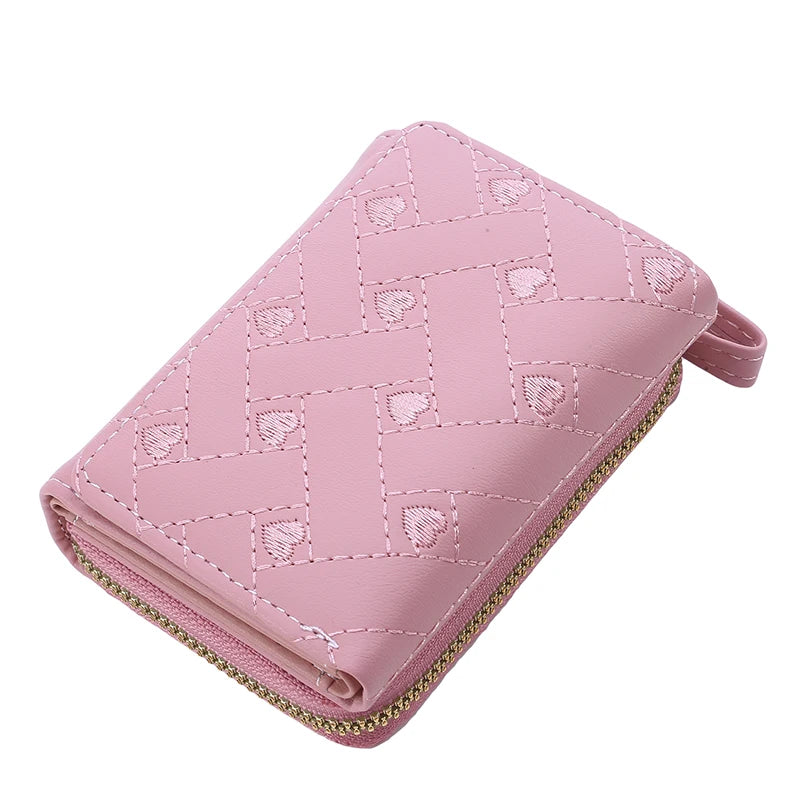 Portefeuille Femme Court Trifold Cuir PU Broderie Amour - Porte-Carte Multi-Poches Fashion Minimaliste Noir