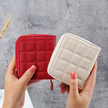 Portefeuille Court Femme Cuir PU à Carreaux - Petit Porte-Cartes Zip avec Porte-Monnaie