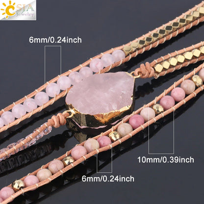 Bracelet Wrap Quartz Rose Cuir – Pierre Naturelle Bohème Multicouche