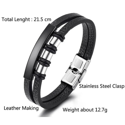 Bracelet Enroulé en Cuir pour Homme avec Charm en Acier Inoxydable