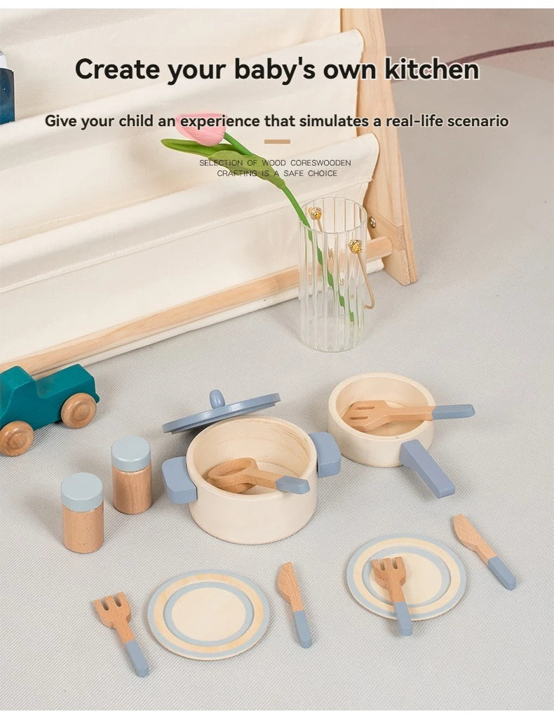 Cuisine Jouet en Bois Bleu - Set Chef Complet Casseroles et Aliments pour Jeu de Rôle 3-6 Ans