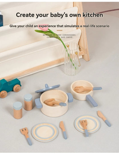 Cuisine Jouet en Bois Bleu - Set Chef Complet Casseroles et Aliments pour Jeu de Rôle 3-6 Ans
