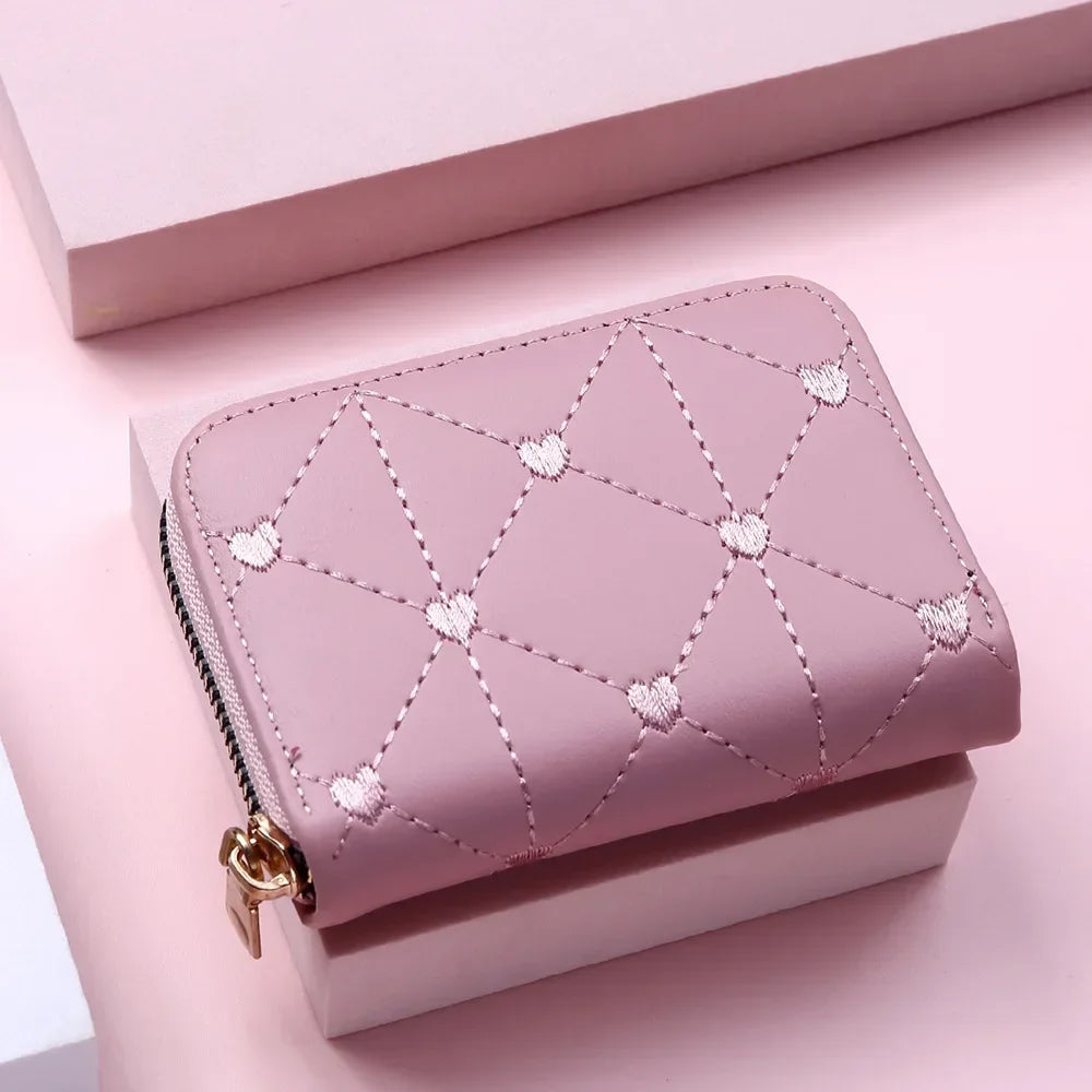 Portefeuille Femme Mignon Cœur Brodé Cuir PU - Trifold Multi-Cartes avec Porte-Monnaie