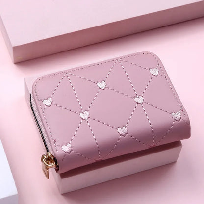Portefeuille Femme Mignon Cœur Brodé Cuir PU - Trifold Multi-Cartes avec Porte-Monnaie