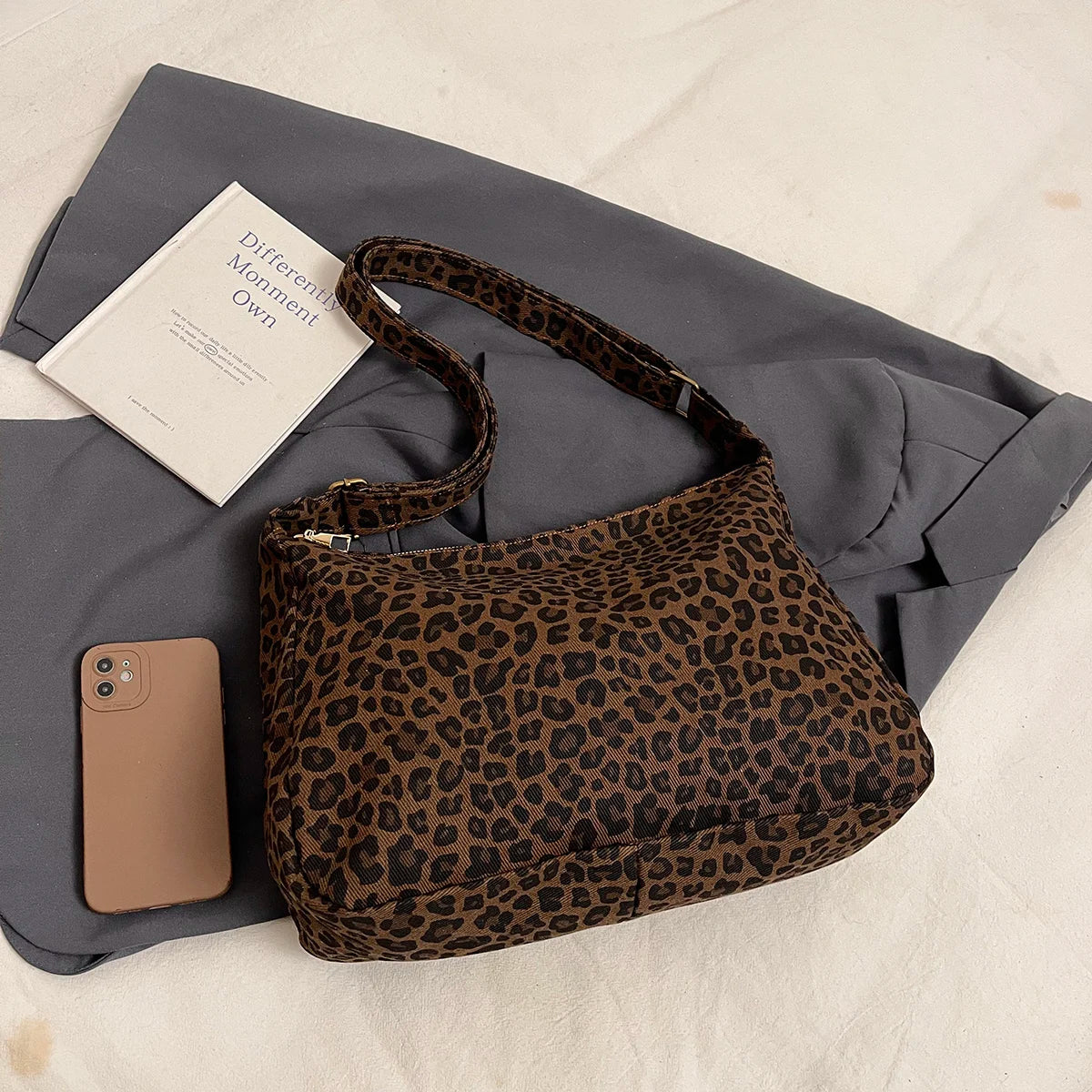 Sac Bandoulière Femme Textile Souple Imprimé Léopard - Sac Épaule Rétro Grande Capacité Casual