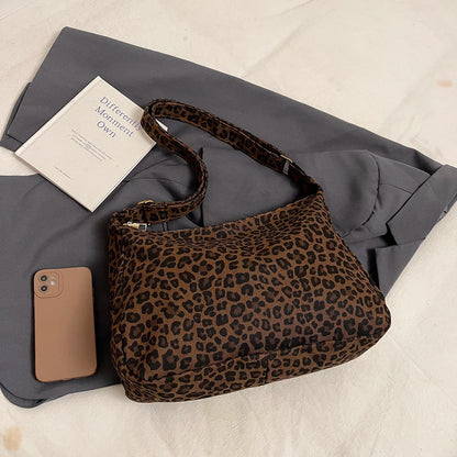Sac Bandoulière Femme Textile Souple Imprimé Léopard - Sac Épaule Rétro Grande Capacité Casual