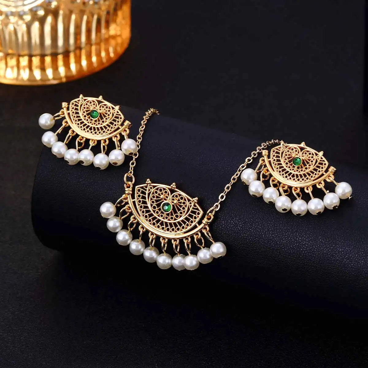 Ensemble Bijoux Indien Cristal Pompons – Collier Boucles Jhumka Mariée