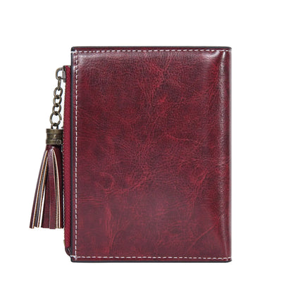 Portefeuille Femme Cuir Ciré Glands - Porte-Monnaie Tri-Fold Multi-Fentes Fermeture Éclair