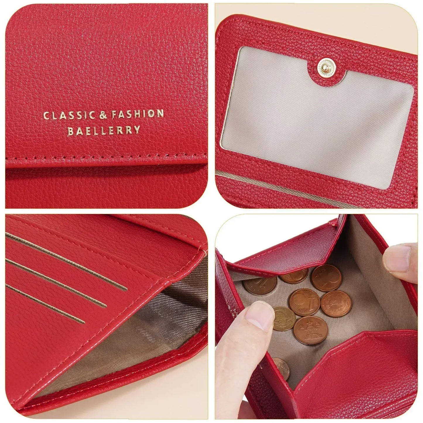Portefeuille Femme Court Mini Cuir PU Noir - Porte-Carte Porte-Monnaie Multifonction Compact Rouge