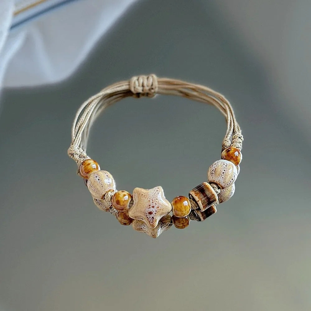 Bracelet Perles Céramique Jingdezhen Étoile Ethnique Rétro – Charm Corde Amitié Femme