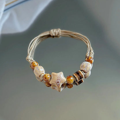 Bracelet Perles Céramique Jingdezhen Étoile Ethnique Rétro – Charm Corde Amitié Femme