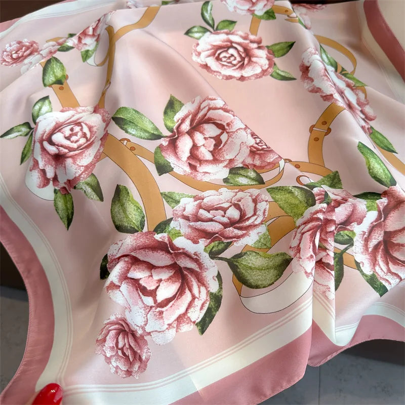 Foulard Carré Soie 70cm Imprimé Rose Femme - Écharpe Printemps Été Headscarf Bandana