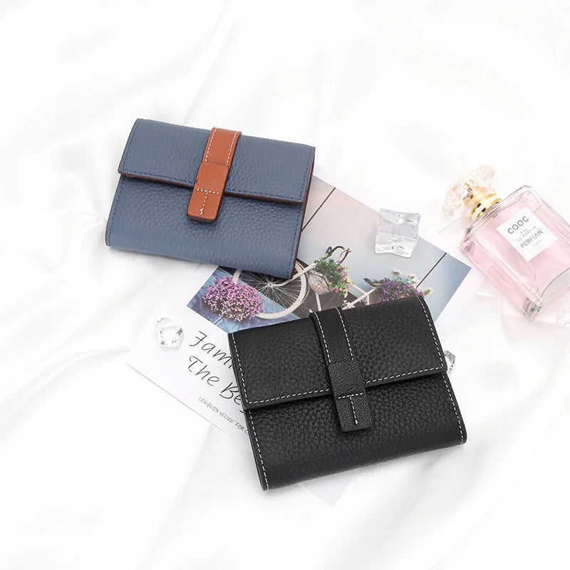 Portefeuille Femme Court Cuir Véritable Trifold - Porte-Monnaie Zippé Grande Capacité Contraste Marron