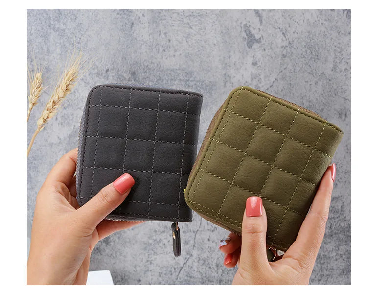 Portefeuille Court Femme Cuir PU à Carreaux - Petit Porte-Cartes Zip avec Porte-Monnaie