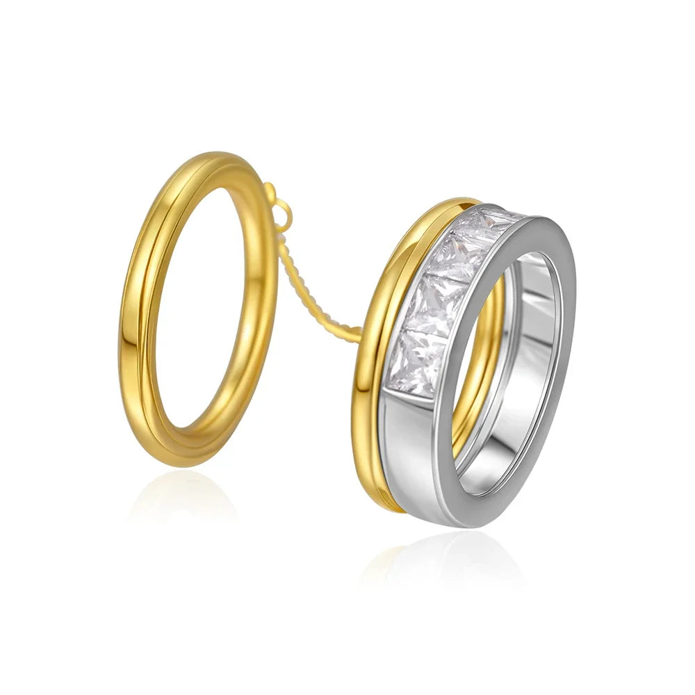 Bague Double Chaîne Plaquée Or 18K — Zircon, Acier Inoxydable, Tailles US6-8