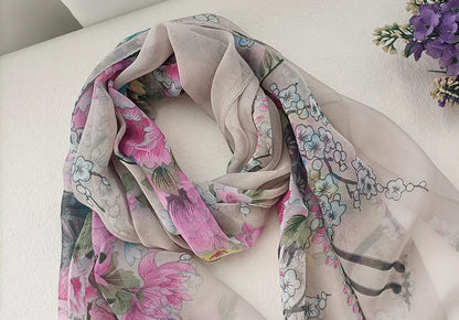 Foulard Écharpe Mousseline Georgette Femme Fleur Prune - Bandana Été Léger Respirant
