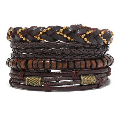 Bracelet Bohème Cuir & Perles Bois Homme – Tressé Main, 26 Coloris