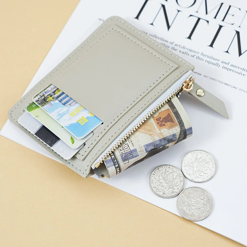 Portefeuille Femme Court Simple Cuir PU - Mini Porte-Cartes Zip Fermoir Slim