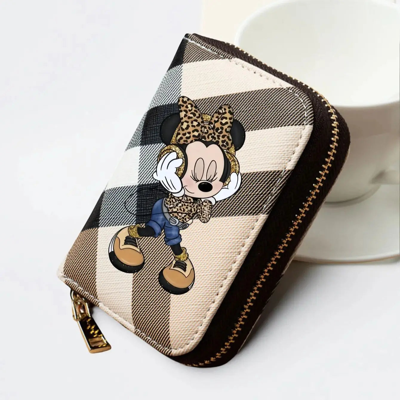 Portefeuille Minnie Motif Carreaux Léopard - Porte-Monnaie Court Cuir PU Zippé Femme Fille Disney