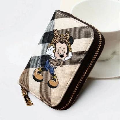 Portefeuille Minnie Motif Carreaux Léopard - Porte-Monnaie Court Cuir PU Zippé Femme Fille Disney
