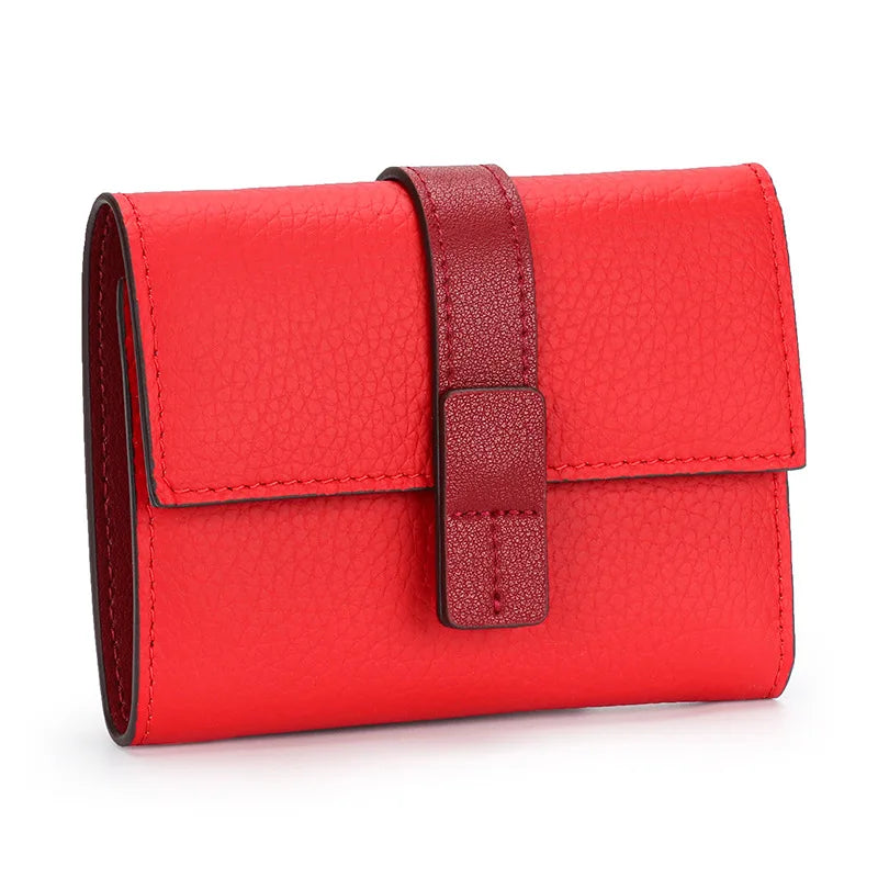 Portefeuille Femme Court Cuir Véritable Trifold - Porte-Monnaie Zippé Grande Capacité Contraste Marron