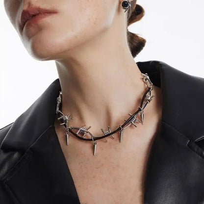 Set Collier Bracelet Fil Barbelé Punk – Ajustable Gothique Unisexe