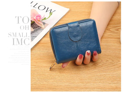 Portefeuille Femme Cuir Bifold Court Rose - Wallet Porte-Cartes Zipper Coin Pouch