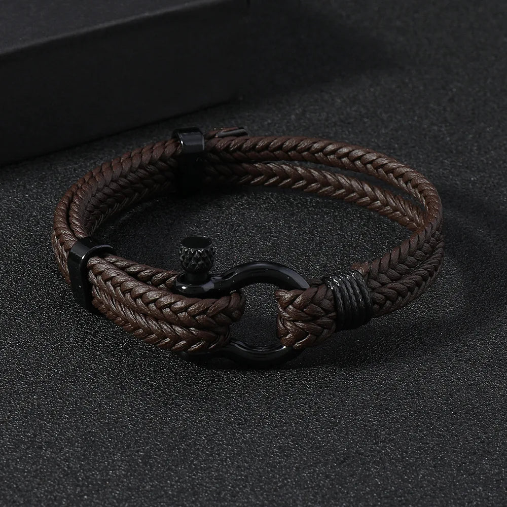 Bracelet en Cuir Tressé Noir pour Homme - Boucle Fer à Cheval Ajustable