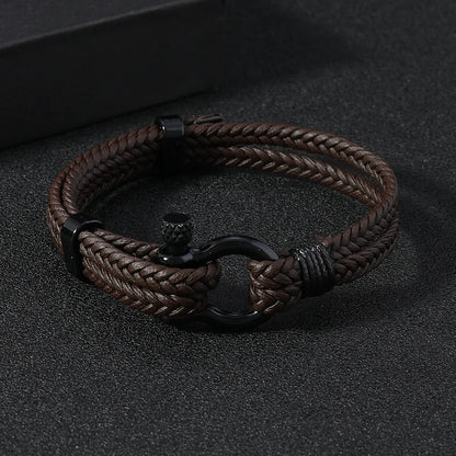 Bracelet en Cuir Tressé Noir pour Homme - Boucle Fer à Cheval Ajustable