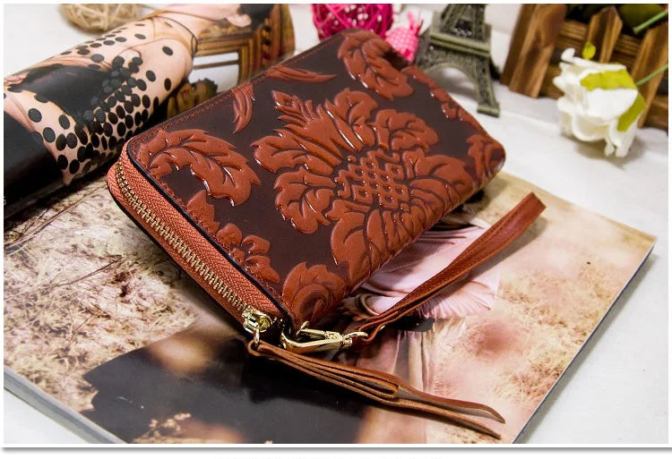 Portefeuille Femme Cuir Véritable Vintage Floral - Grande Capacité Clutch Pochette en Cuir de Vache