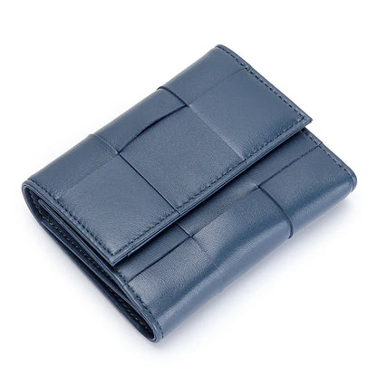 Portefeuille Femme Court Cuir Véritable Peau Mouton Tressé - Porte-Monnaie Trifold Zippé Grande Capacité Noir