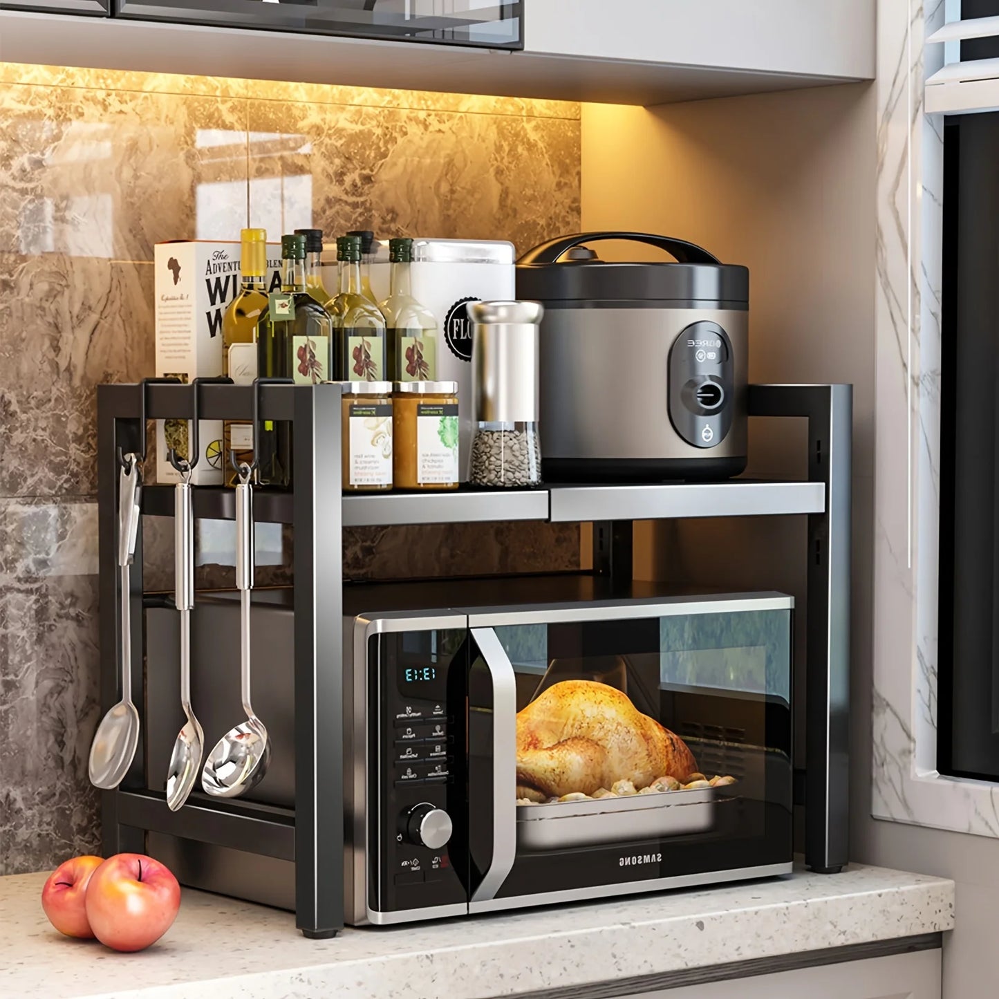 Étagère Extensible pour Micro-Ondes 40-64cm avec 6 Crochets - Rangement Cuisine 3 Niveaux