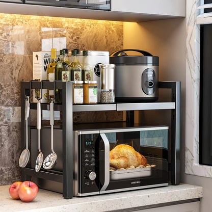 Étagère Extensible pour Micro-Ondes 40-64cm avec 6 Crochets - Rangement Cuisine 3 Niveaux
