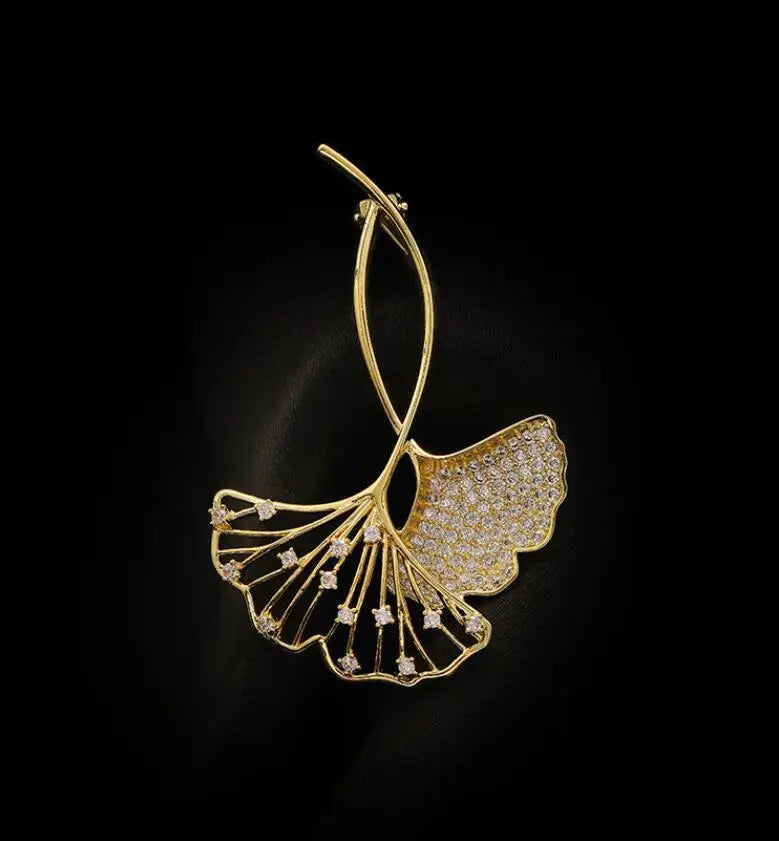 Broche Feuille Ginkgo Rétro Élégante Strass – Pin's Plante Corsage Luxe Femme