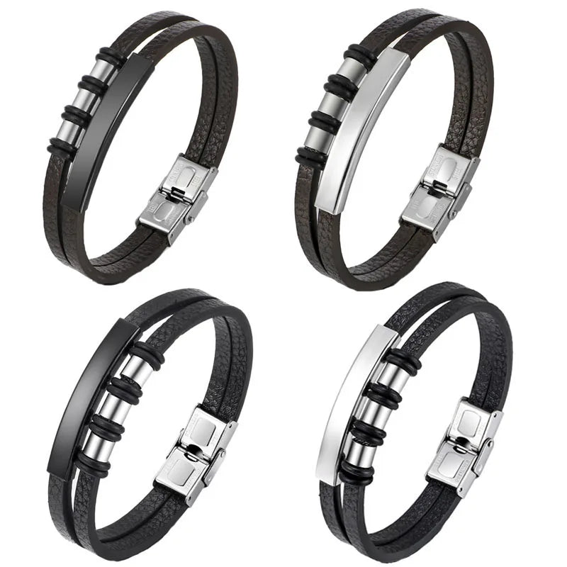 Bracelet Enroulé en Cuir pour Homme avec Charm en Acier Inoxydable