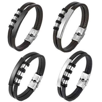 Bracelet Enroulé en Cuir pour Homme avec Charm en Acier Inoxydable