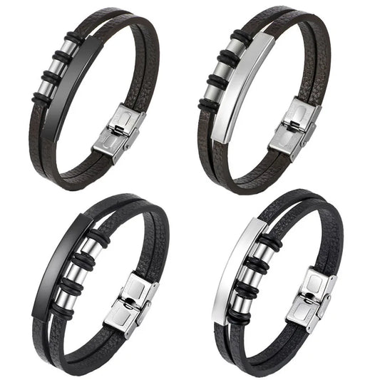 Bracelet Enroulé en Cuir pour Homme avec Charm en Acier Inoxydable
