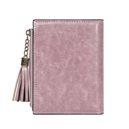 Portefeuille Femme Cuir Ciré Glands - Porte-Monnaie Tri-Fold Multi-Fentes Fermeture Éclair
