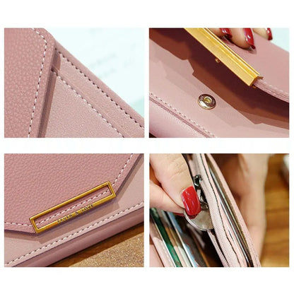 Portefeuille Femme Long Cuir PU Fermoir - Porte-Monnaie Clutch Téléphone 5 Couleurs Noir
