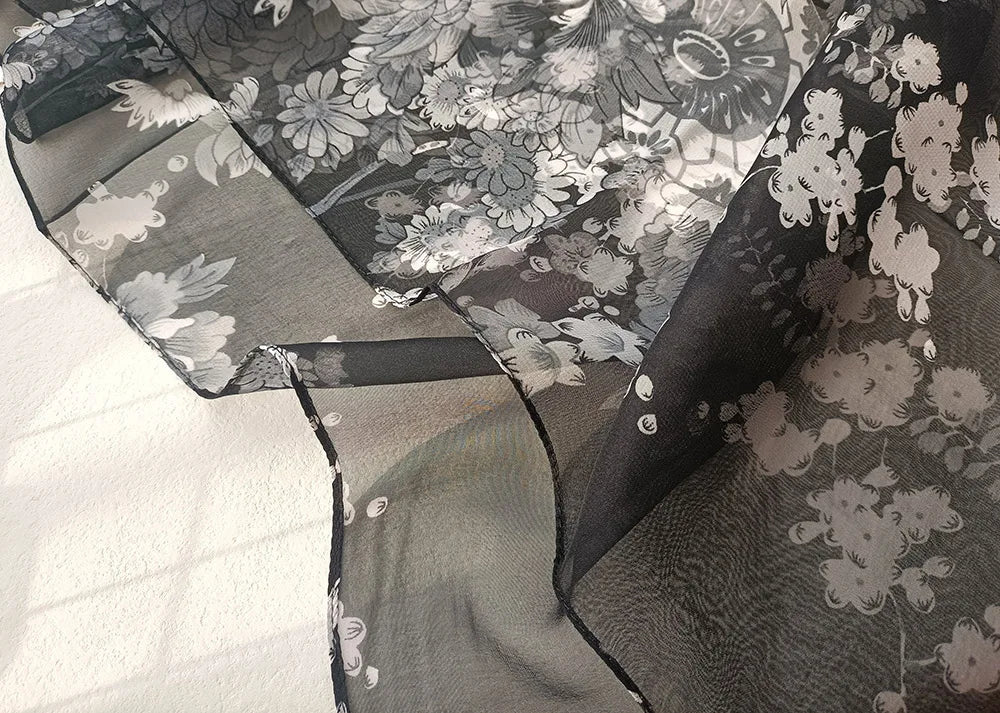 Foulard Écharpe Mousseline Georgette Femme Fleur Prune - Bandana Été Léger Respirant