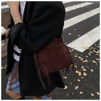 Sac à Main Femme Daim Vintage Style Français - Sac Bandoulière Épaule Glands Café
