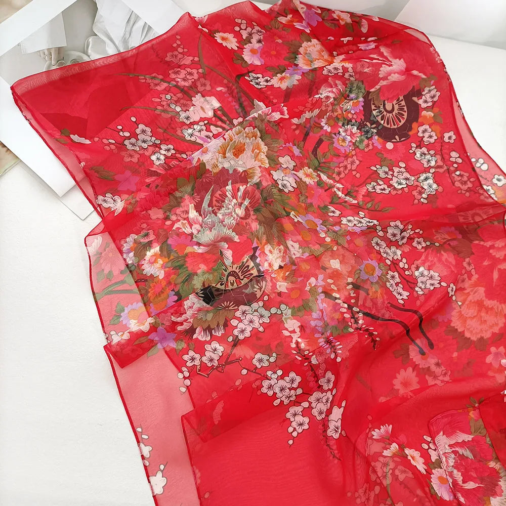 Foulard Écharpe Mousseline Georgette Femme Fleur Prune - Bandana Été Léger Respirant
