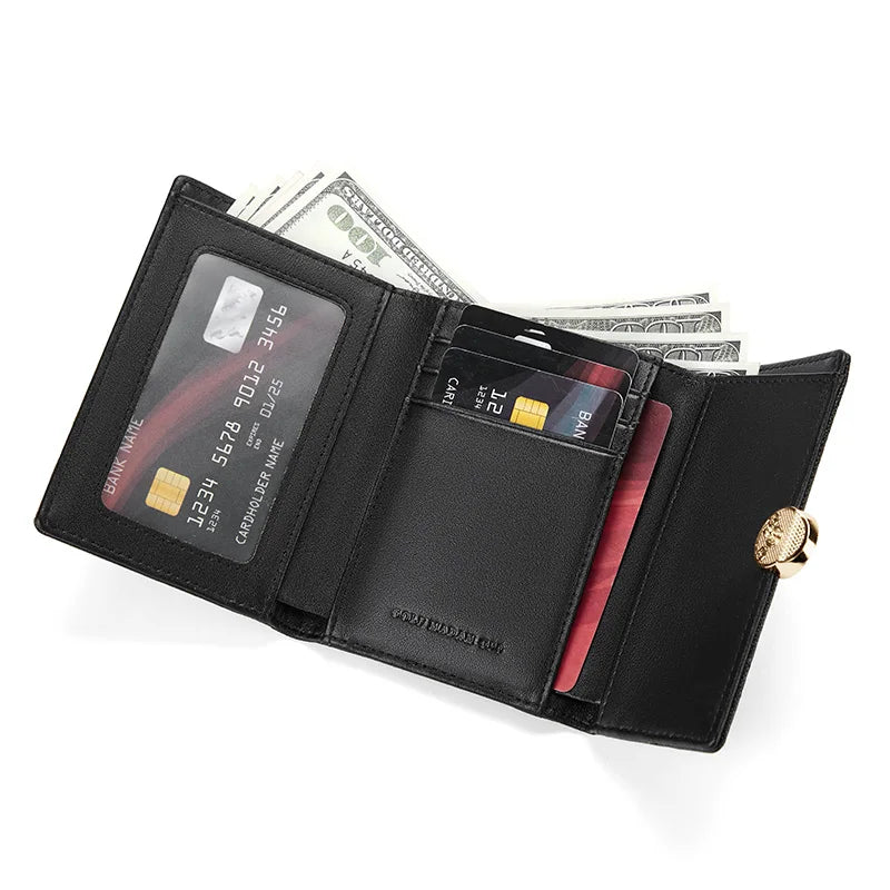 Portefeuille Femme Cuir Vintage GOLF Porte-Photo - Porte-Monnaie Court Pliable Noir Porte-Carte